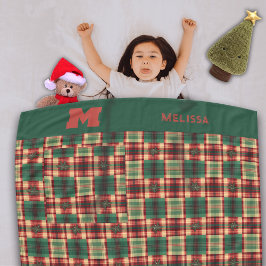 クリスマスフェスティバルプレイドカスタムモノグラム フリースブランケット