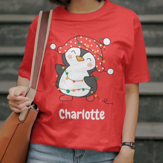 クリスマスフェスティバルペンギン赤カスタムい女の子の名前 Tシャツ