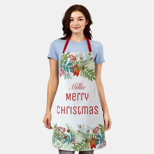 クリスマスフェスティバルホリデーパーソナライズされたフローラ エプロン (着用した状態)