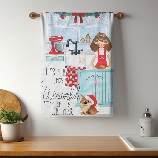 クリスマスフェスティバルホリデーベーキング水色名 キッチンタオル