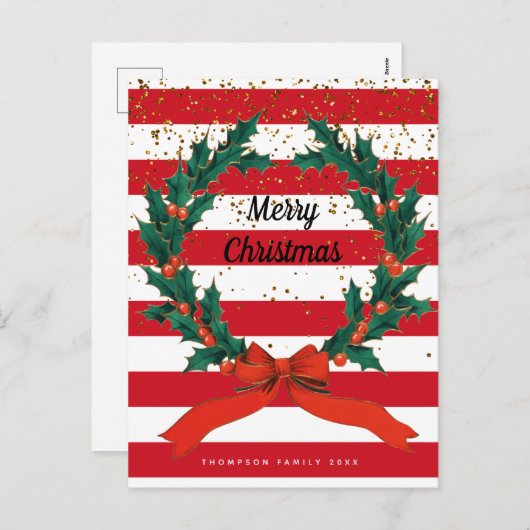クリスマスフェスティバルホリーベリーリースストライプズ シーズンポストカード (正面/裏面)