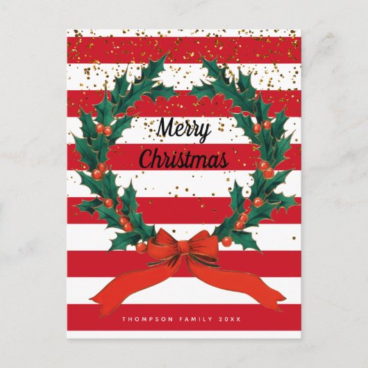 クリスマスフェスティバルホリーベリーリースストライプズ シーズンポストカード (正面)