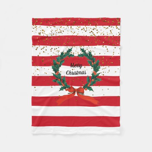 クリスマスフェスティバルホリーベリーリースストライプズ フリースブランケット (正面)