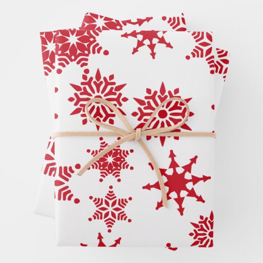 クリスマスフェスティバルホワイト&レッドスノーフレークススターズ ラッピングペーパーシート (インサイチュ)
