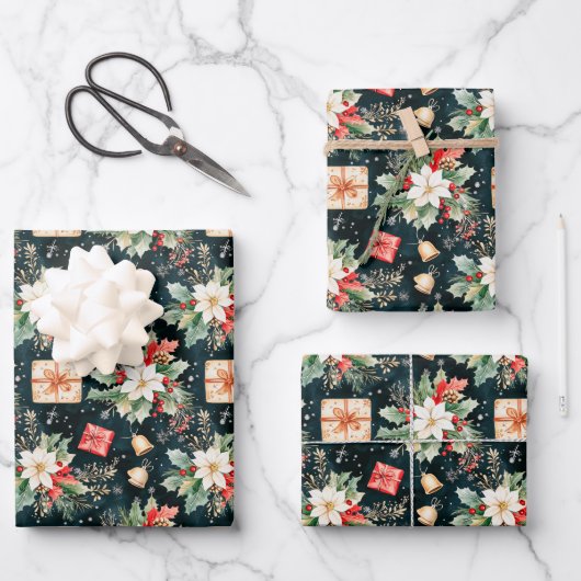 クリスマスフェスティバルポインセチア花 ラッピングペーパーシート (正面)