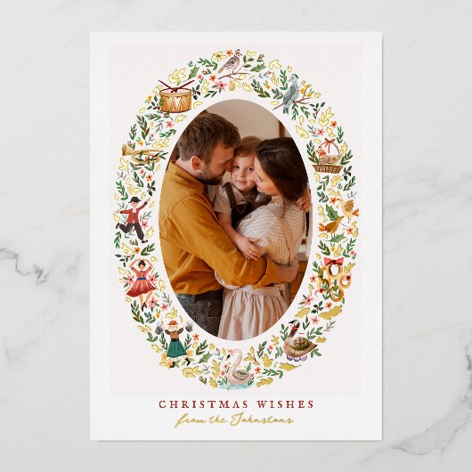 クリスマスフォトの光沢のある12日 箔シーズンカード (正面)