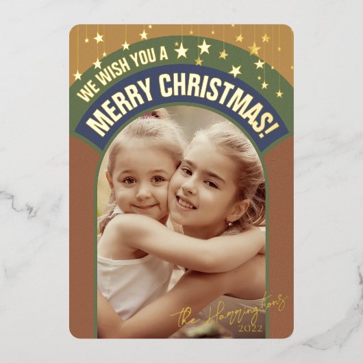 クリスマスフォトアーチレトロミッドセンチュリーセピアトーン 箔シーズンカード (正面)