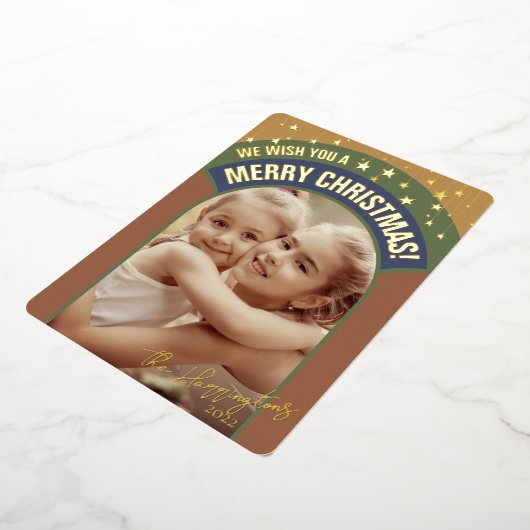 クリスマスフォトアーチレトロミッドセンチュリーセピアトーン 箔シーズンカード (回転した状態)