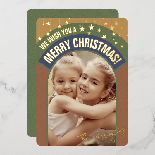 クリスマスフォトアーチレトロミッドセンチュリーセピアトーン 箔シーズンカード (正面/裏面)