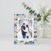 クリスマスフォトウォーターカラーカラフルハウスブルー シーズンポストカード (スタンド正面)