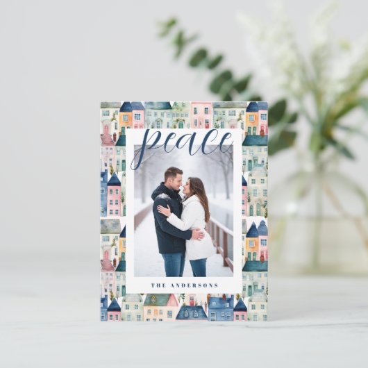 クリスマスフォトウォーターカラーカラフルハウスブルー シーズンポストカード (スタンド正面)