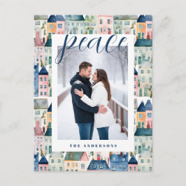 クリスマスフォトウォーターカラーカラフルハウスブルー シーズンポストカード