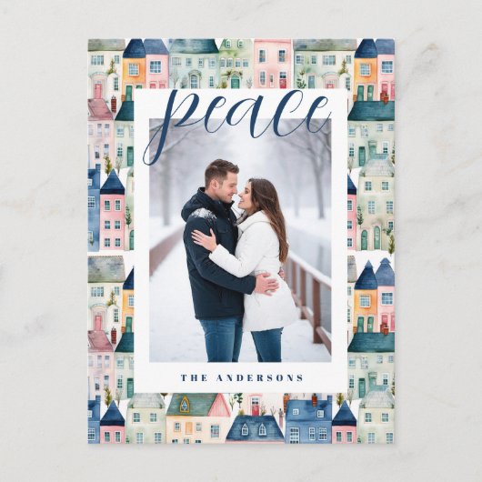 クリスマスフォトウォーターカラーカラフルハウスブルー シーズンポストカード (正面)