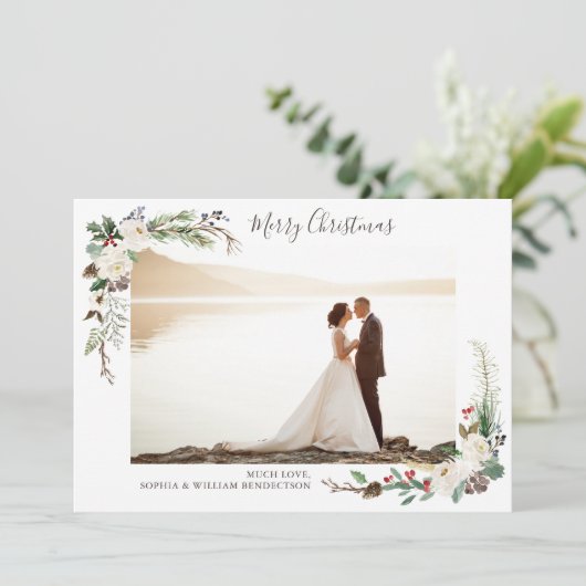 クリスマスフォトウォーターカラーベリー、松の枝 シーズンカード (スタンド正面)