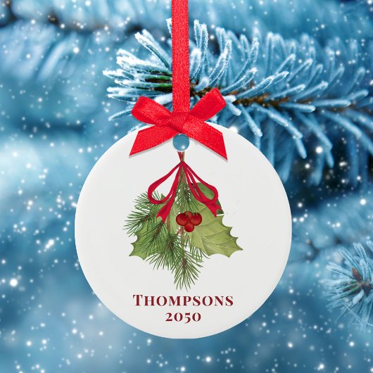 クリスマスフォトウォーターカラーホリーベリー緑 セラミックオーナメント