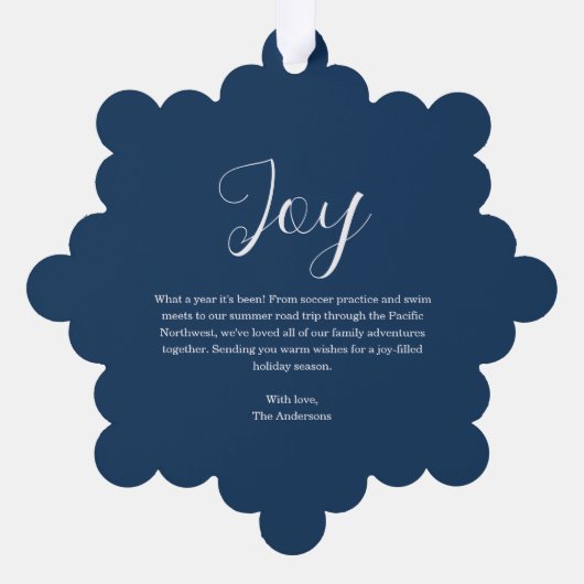 クリスマスフォトカラフルハウスブルーホリデー オーナメントカード (裏面)