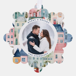 クリスマスフォトカラフルハウスブルーホリデー オーナメントカード