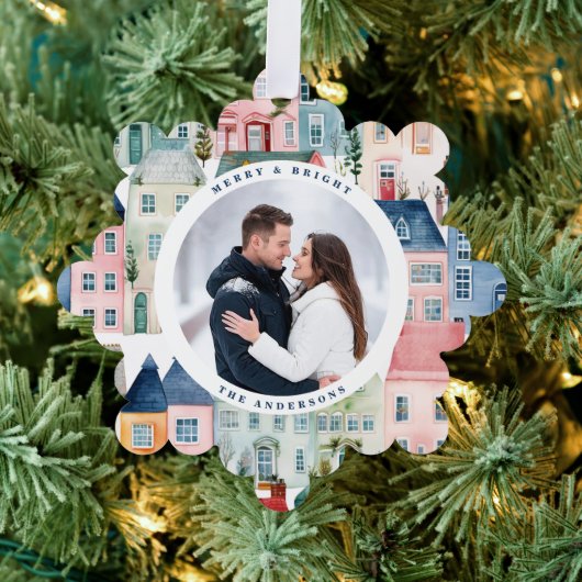 クリスマスフォトカラフルハウスブルーホリデー オーナメントカード (インサイチュ (木))