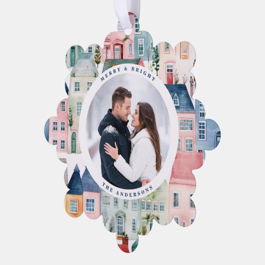 クリスマスフォトカラフルハウスブルーホリデー オーナメントカード (左)