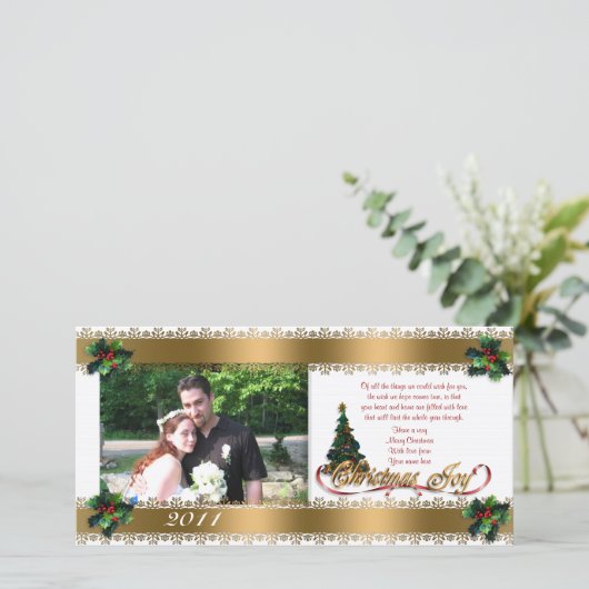 クリスマスフォトカードのホリーと金ゴールドリボン シーズンカード (スタンド正面)