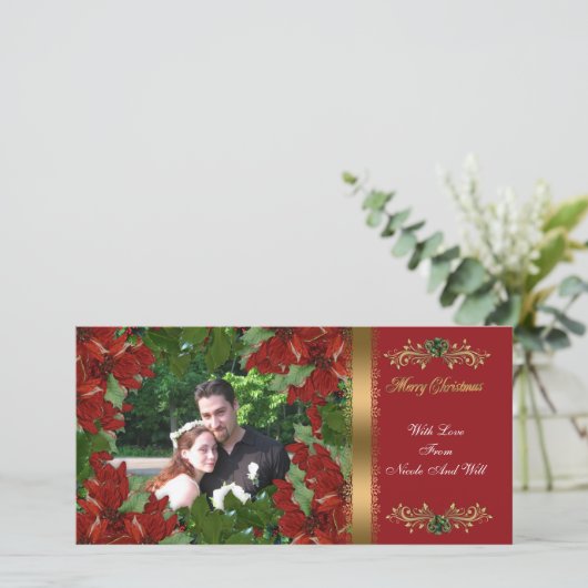 クリスマスフォトカードクラシック赤ポインセチア シーズンカード (スタンド正面)