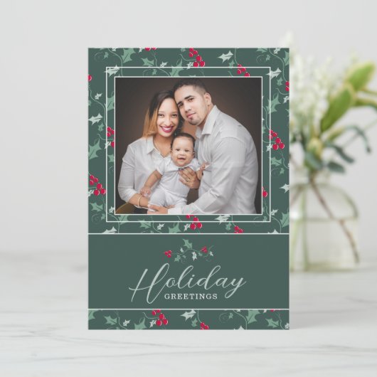 クリスマスフォトカード緑の赤い果実クリスマス シーズンカード (スタンド正面)