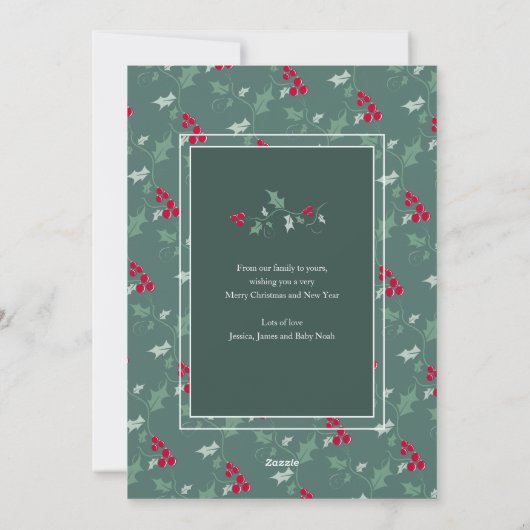 クリスマスフォトカード緑の赤い果実クリスマス シーズンカード (裏面)
