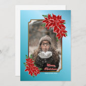 クリスマスフォトカード赤ポインセチア縁どブルー シーズンカード (正面/裏面)