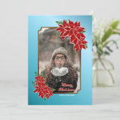 クリスマスフォトカード赤ポインセチア縁どブルー シーズンカード (スタンド正面)