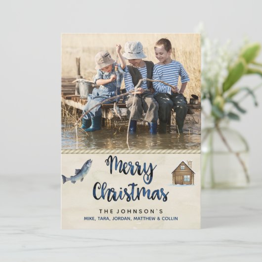クリスマスフォトカード魚釣りレイクキャビン 招待状 (スタンド正面)
