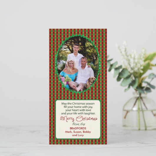 クリスマスフォトグリーティングカード – RED PLAID シーズンカード (スタンド正面)