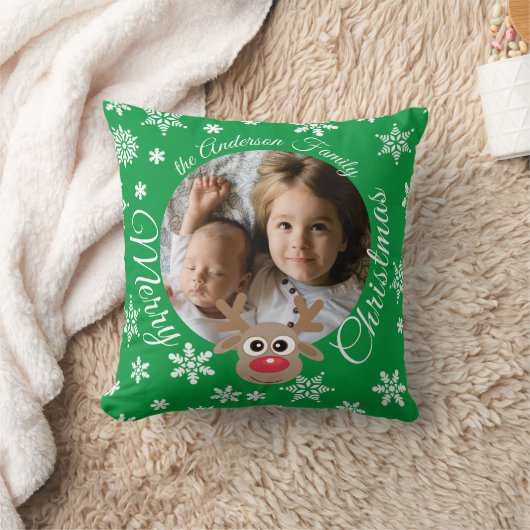 クリスマスフォトグリーンホワイトスクリプトかわいいトナカイ クッション (ブランケット)
