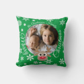 クリスマスフォトグリーンホワイトスクリプトかわいいトナカイ クッション (正面)