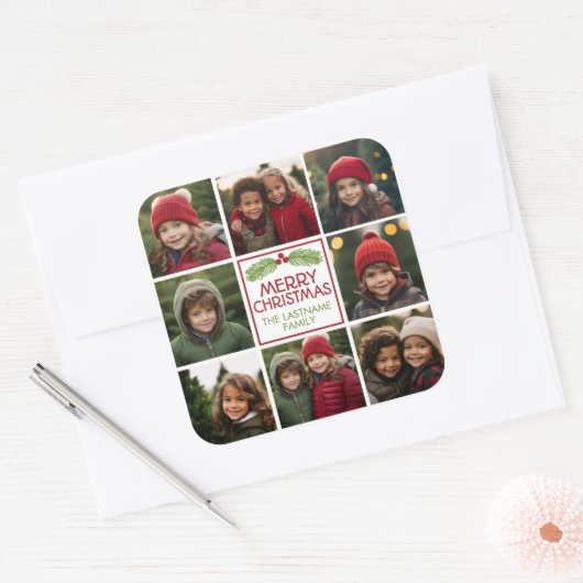 クリスマスフォトコラージュとパイン素朴ト スクエアシール (封筒)