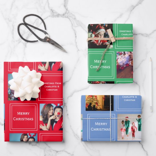 クリスマスフォトコラージュパーソナライズされたテンプレート ラッピングペーパーシート (正面)