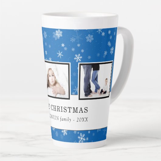 クリスマスフォトコラージュブルースノーフレークファミリー カフェラテマグ (右アングル)