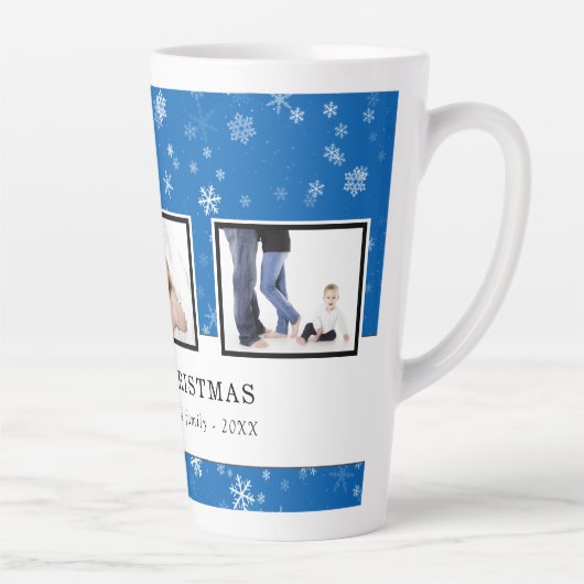 クリスマスフォトコラージュブルースノーフレークファミリー カフェラテマグ (右)
