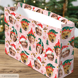 クリスマスフォトコラージュ 楽しいフェイス ピンク ラージペーパーバッグ