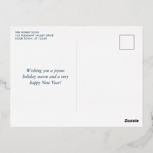 クリスマスフォトシルバーベルネイビーブルー 箔シーズンポストカード (裏面)