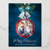 クリスマスフォトシルバーベルネイビーブルー 箔シーズンポストカード (正面)