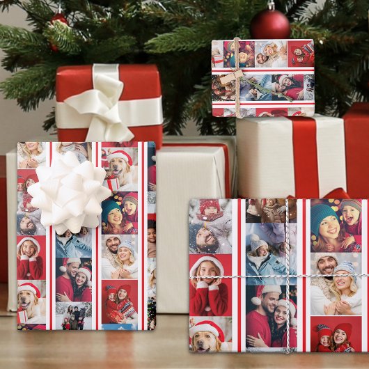 クリスマスフォトストライプコラージホリデー ラッピングペーパーシート