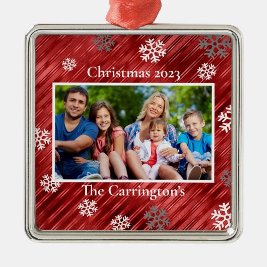 クリスマスフォトスノーフレークレッドメタルオーナ メタルオーナメント (正面)
