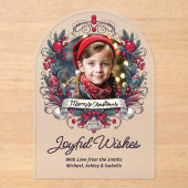 クリスマスフォトティール(緑がかった色)レッドリースヴィンテージスタイルJoy アクリル招待状 (正面)