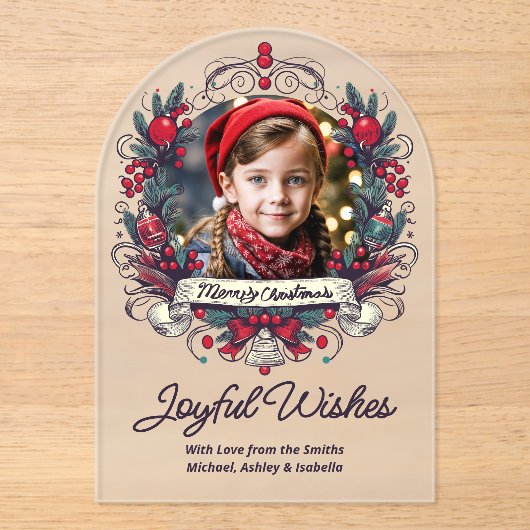 クリスマスフォトティール（緑がかった色）レッドリースヴィンテージスタイルJoy アクリル招待状 (正面)