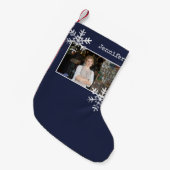 クリスマスフォトネイビーブルー雪動揺して片 スモールクリスマスストッキング (正面 (吊り時))