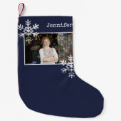 クリスマスフォトネイビーブルー雪動揺して片 スモールクリスマスストッキング (正面)