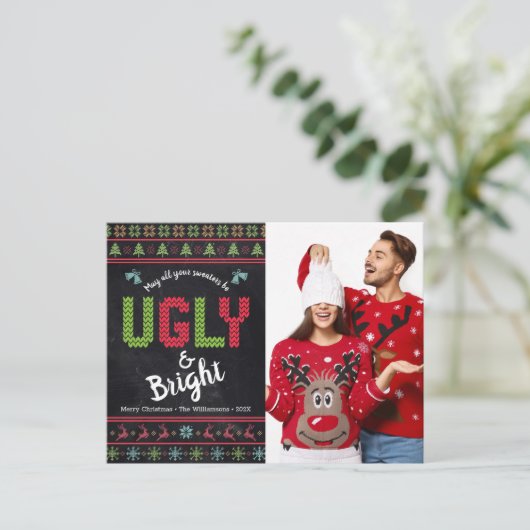 クリスマスフォトノルディック醜いセーターおもしろいシャルボード シーズンポストカード (スタンド正面)
