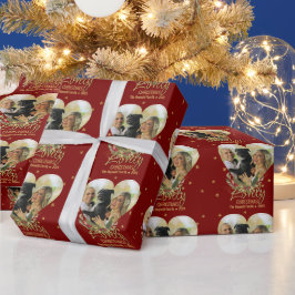 クリスマスフォトハート金ゴールドグリッタースターラブリーレッド ラッピングペーパー