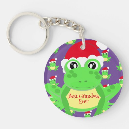 クリスマスフォトパープルフロッグサンタハットパターン キーホルダー (正面)