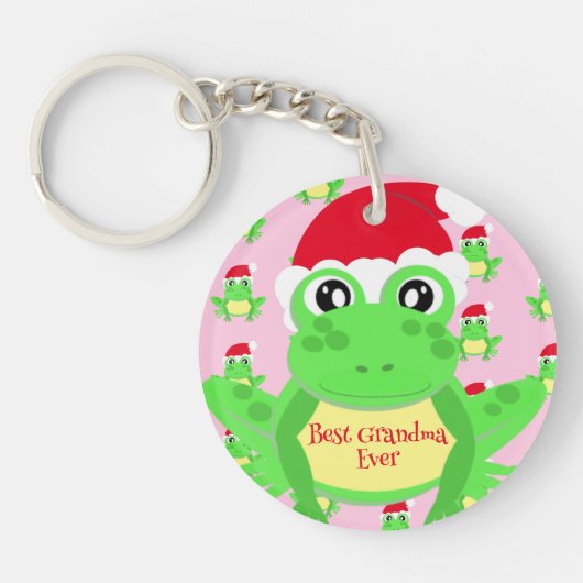 クリスマスフォトピンクフロッグサンタハットパターン キーホルダー (正面)